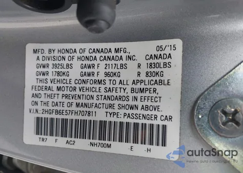 2015 Honda Civic Si from USA, damaged, VIN 2HGFB6E57FH707811